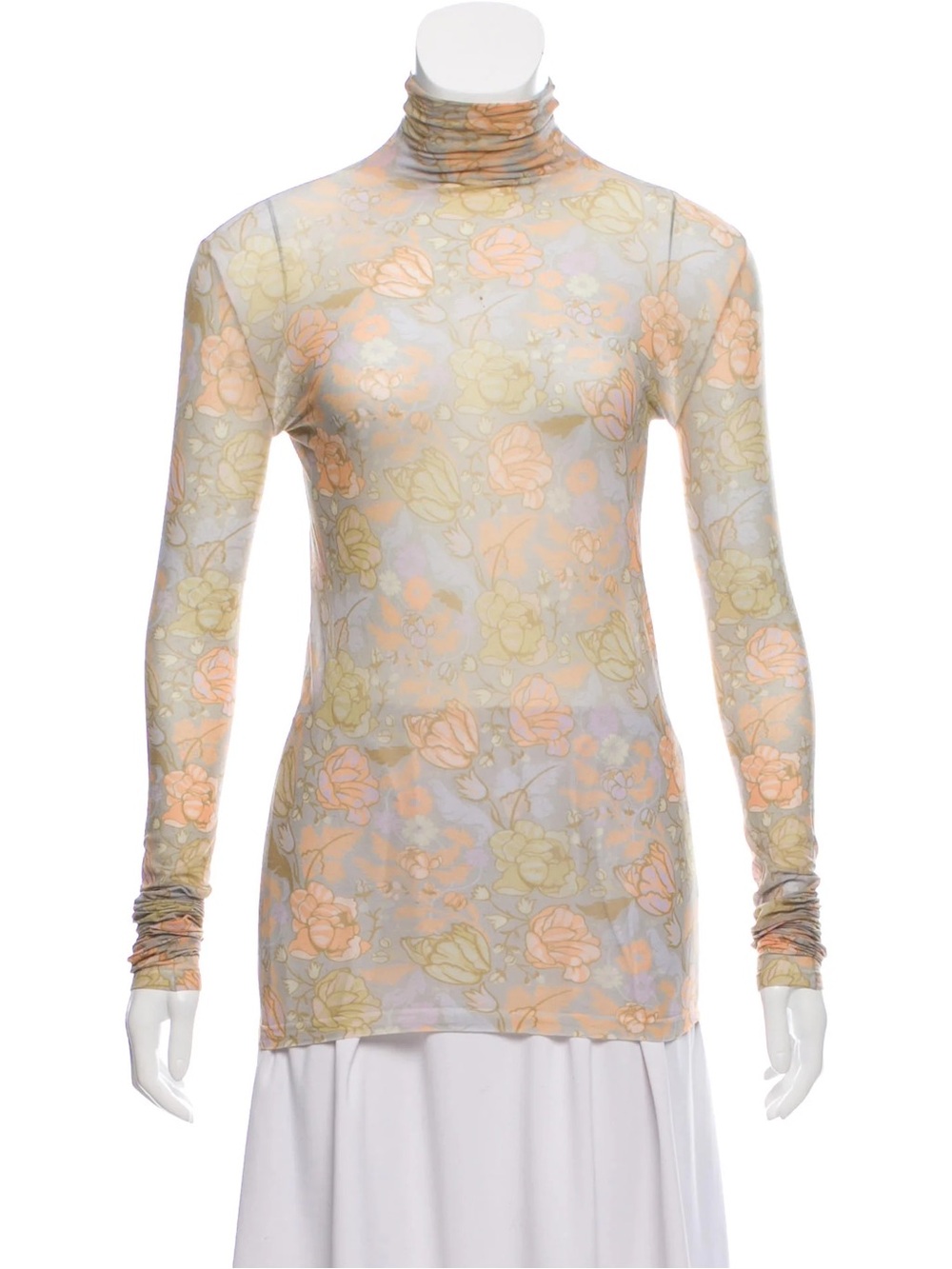 Acne Studios Sheer Floral Long-Sleeve Turtleneck in Peach and Light Green
